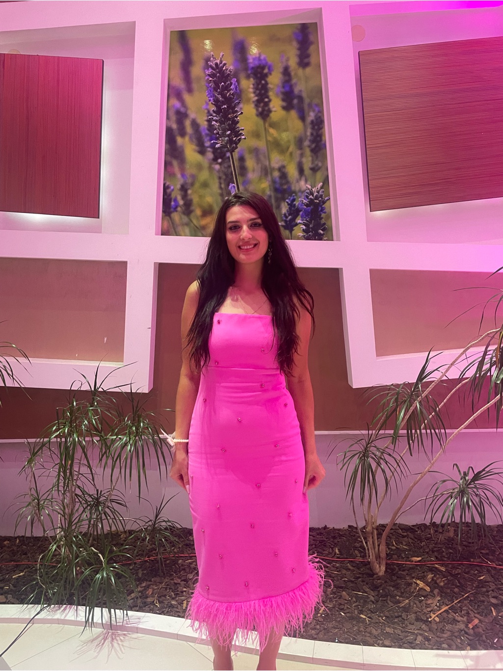 Likely Hot Pink Midi Dress With Fur Trim
